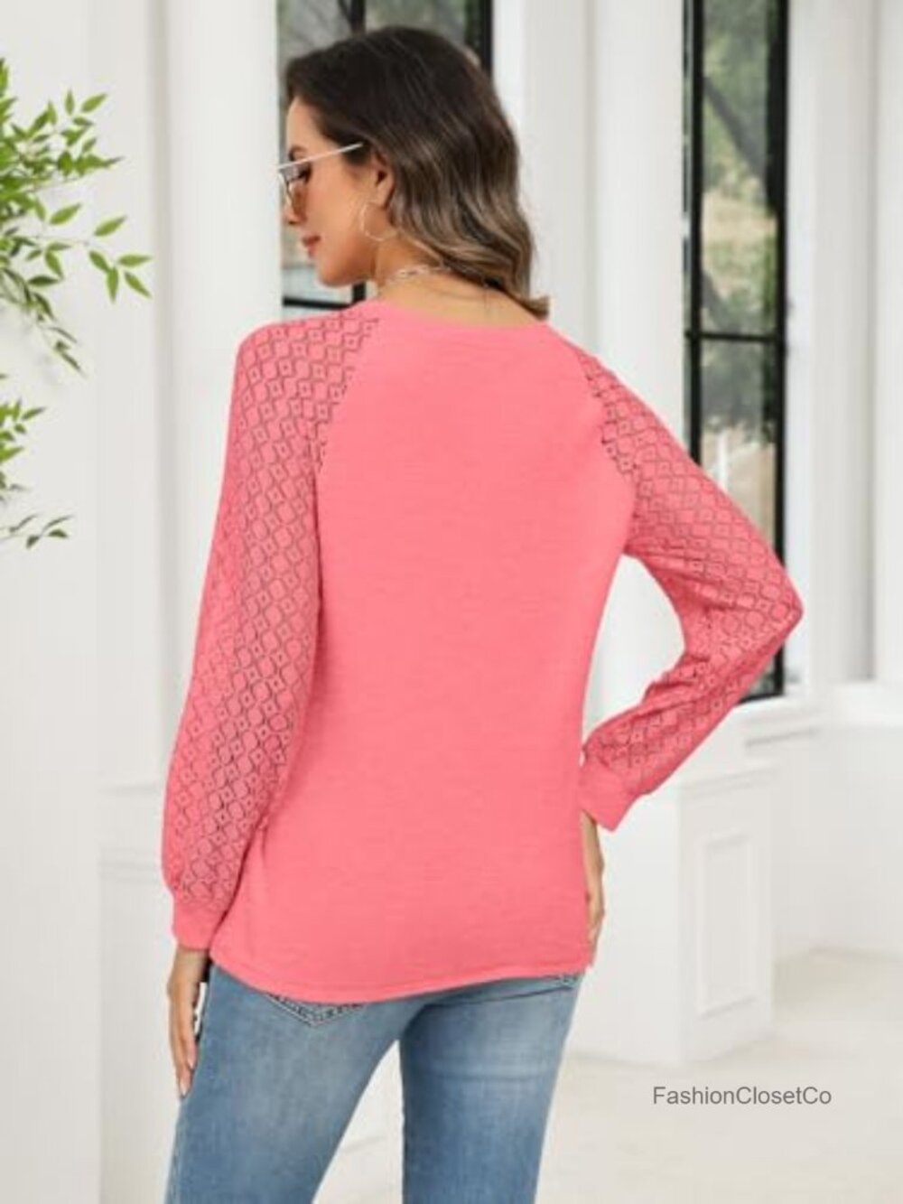 Lace Henley Long Sleeve T-Shirt Women Casual Stretchy Blouse - Picture 5 of 6